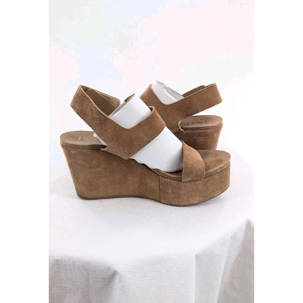 Pedro Garcia Sz 38.5 US 8.5 ? Beige Suede Ankle Strap Wedge Sandal Platform Chic - Picture 7 of 16
